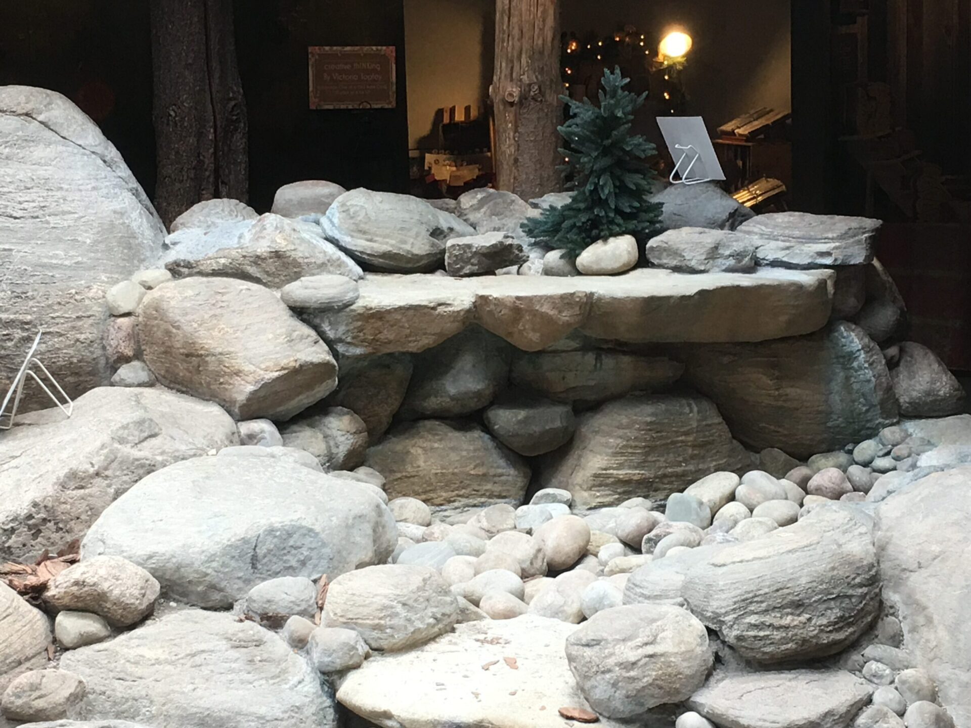 Rocky display indoors with a small artificial tree on stones, dimly lit surroundings, and a blurred background featuring objects and a soft light.