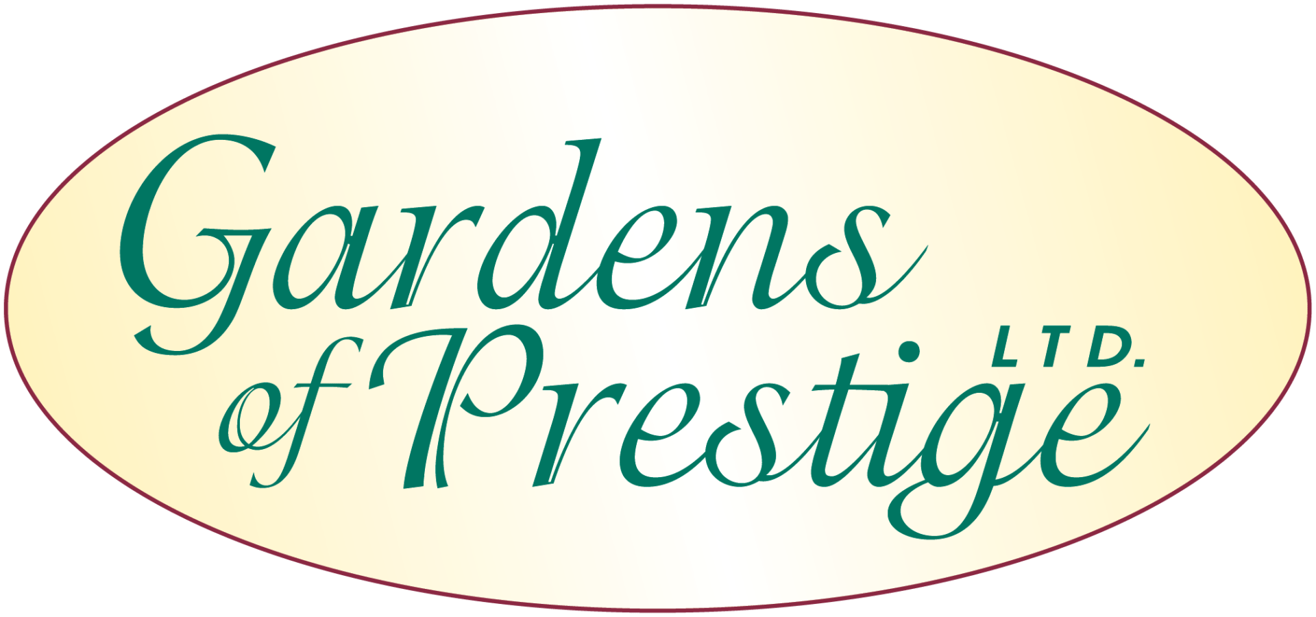 Oval-shaped logo with "Gardens of Prestige LTD." text in elegant green script on a light background.