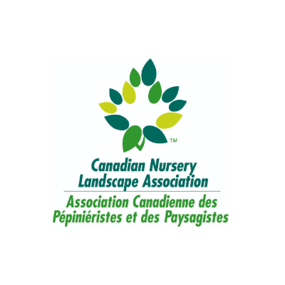 Logo of the Canadian Nursery Landscape Association, featuring a circle of green leaves. Text in English and French is included below the design.