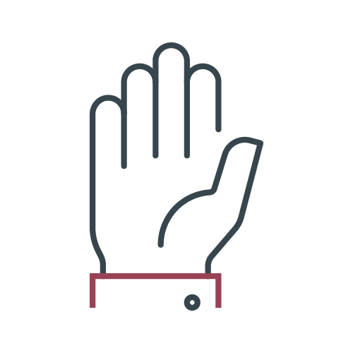 A simple, minimalist illustration of a hand with an upright palm, outlined in gray and red against a solid black background.