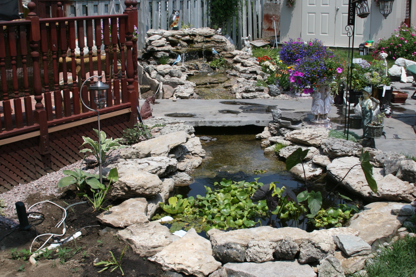 A small garden pond with rocks, plants, and flowers near a wooden deck. Fountain statues and a fence surround the area.