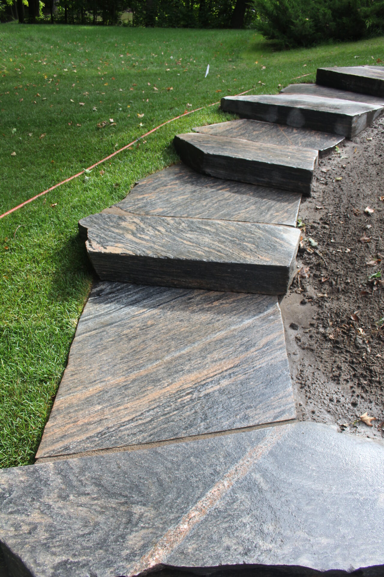 Stepped stone pathway through grassy area, bordered by dirt. Stones feature natural patterns, winding up a slight incline amid scattered leaves and greenery.