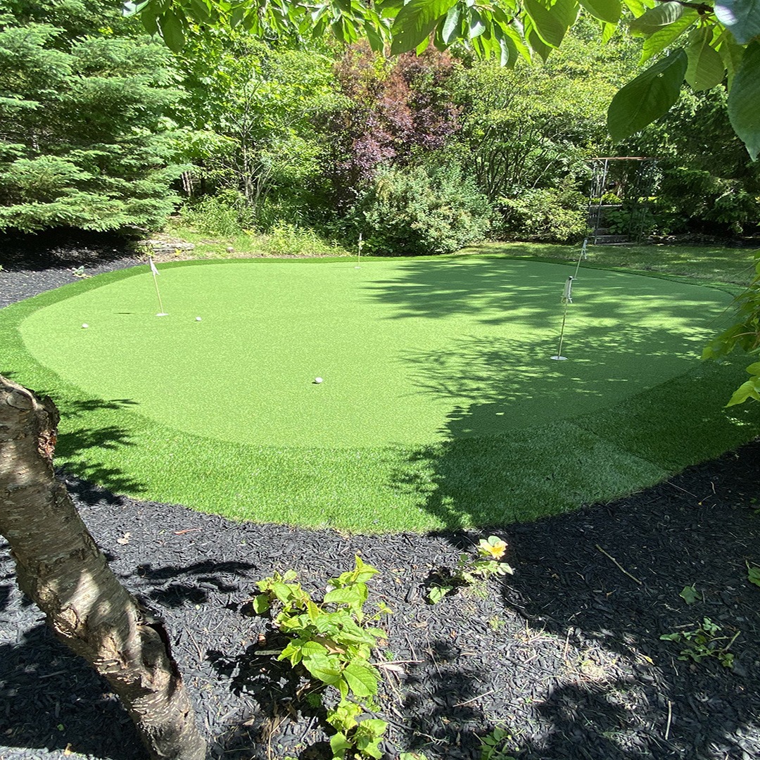 Lush garden with a circular putting green surrounded by trees and shrubs, providing a serene setting for practicing golf.