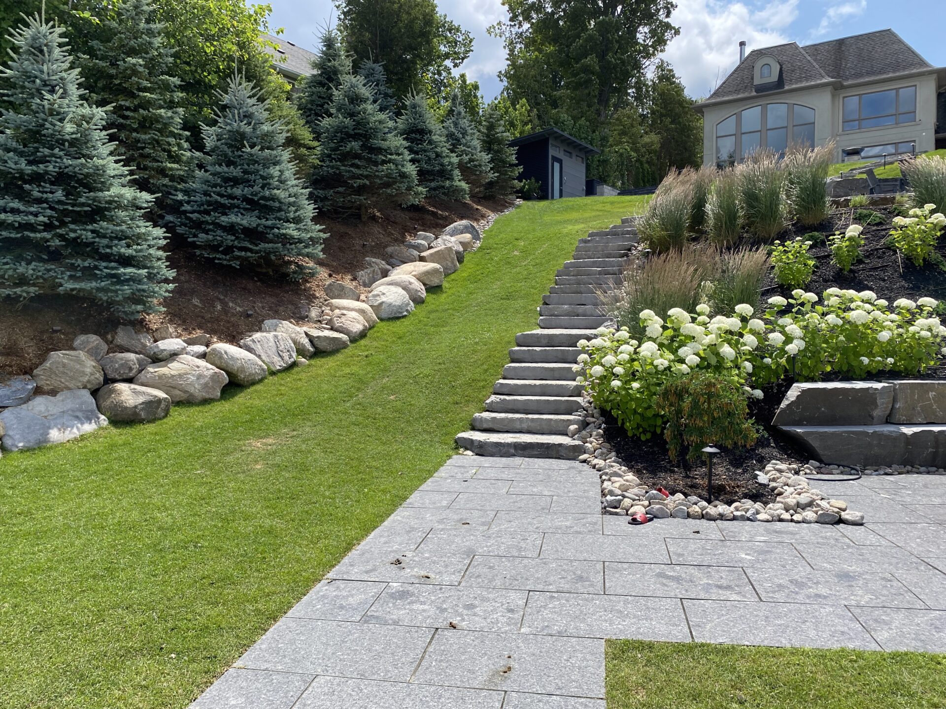 A landscaped garden with stone steps, lush greenery, pine trees, and a modern house in the background under a clear sky.