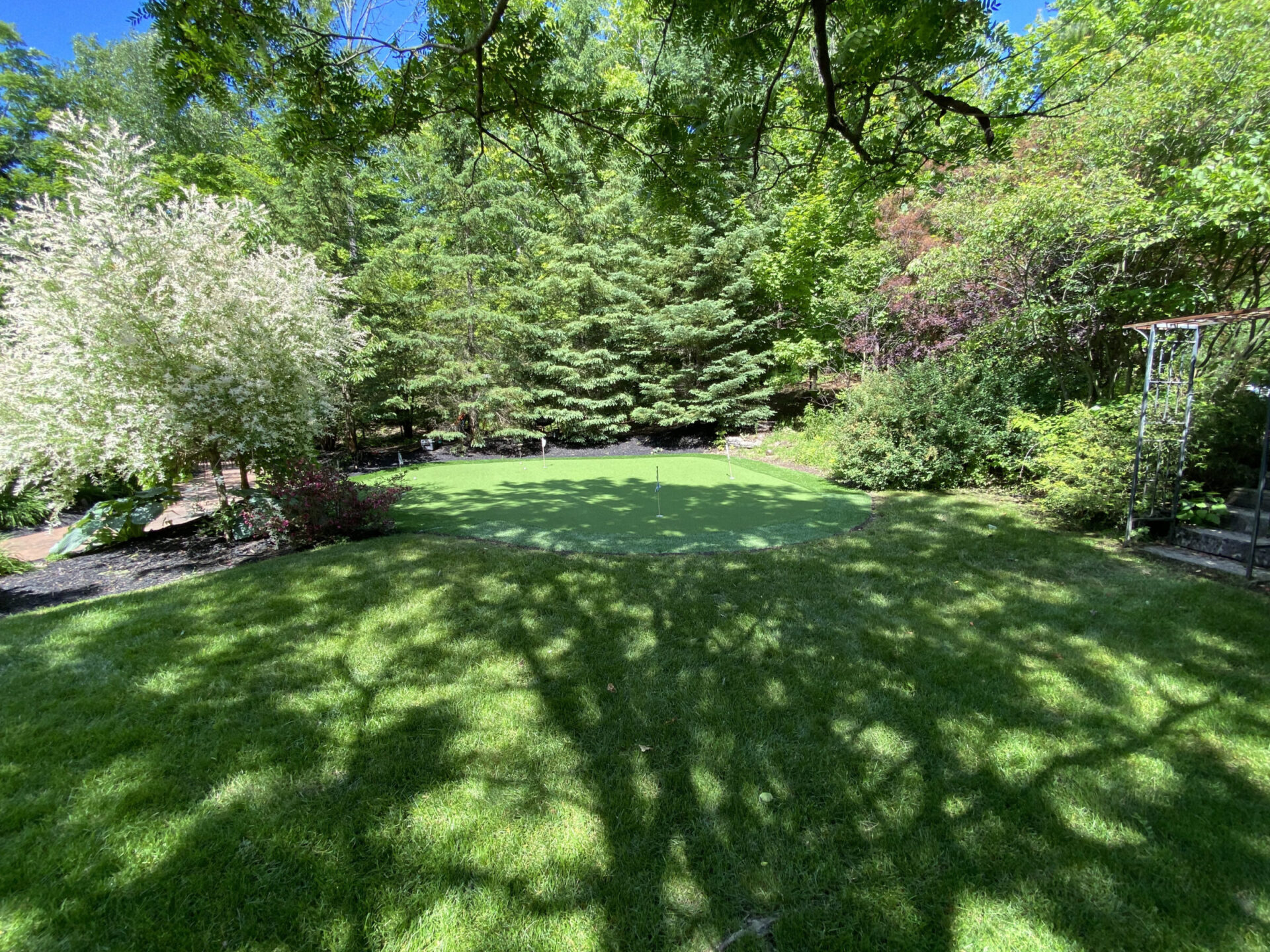 Lush garden with a small putting green surrounded by trees and shrubs. Sunlight casts intricate leaf shadows on the well-maintained grass.