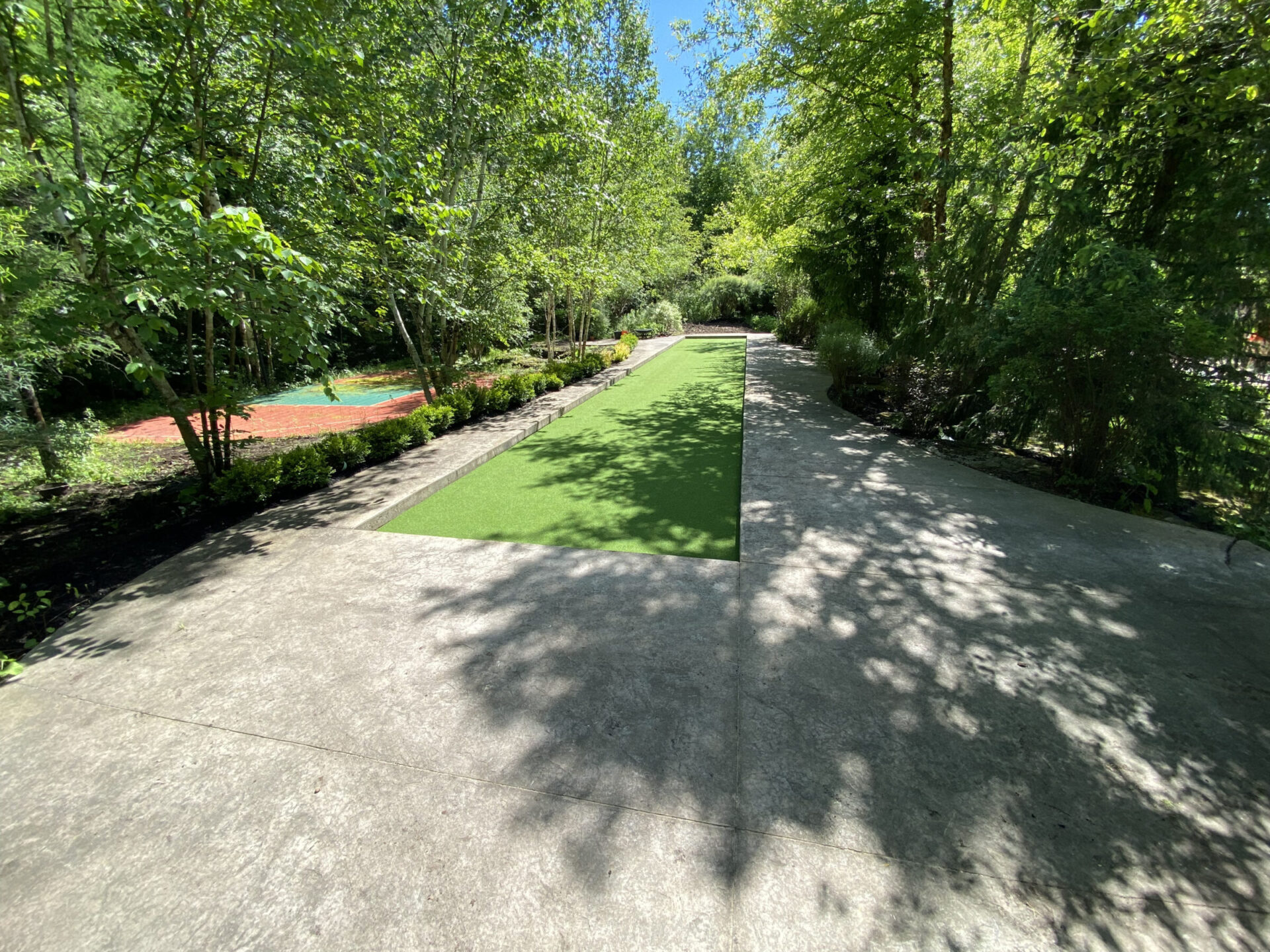 A sunlit pathway lined with trees leads to a small, rectangular lawn surrounded by greenery and shadows, creating a serene, forested atmosphere.