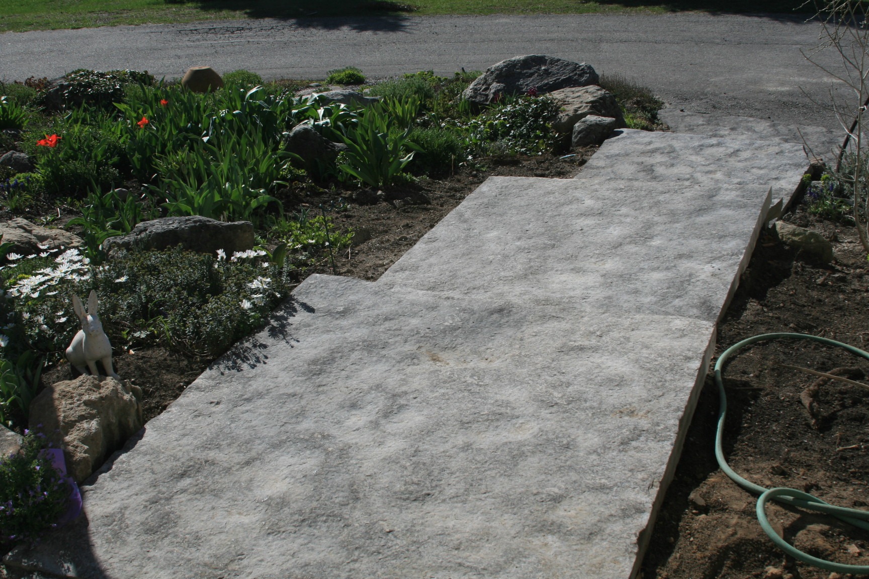 A stone path with surrounding greenery and flowers, leading toward a road. A garden hose is coiled on the right side.