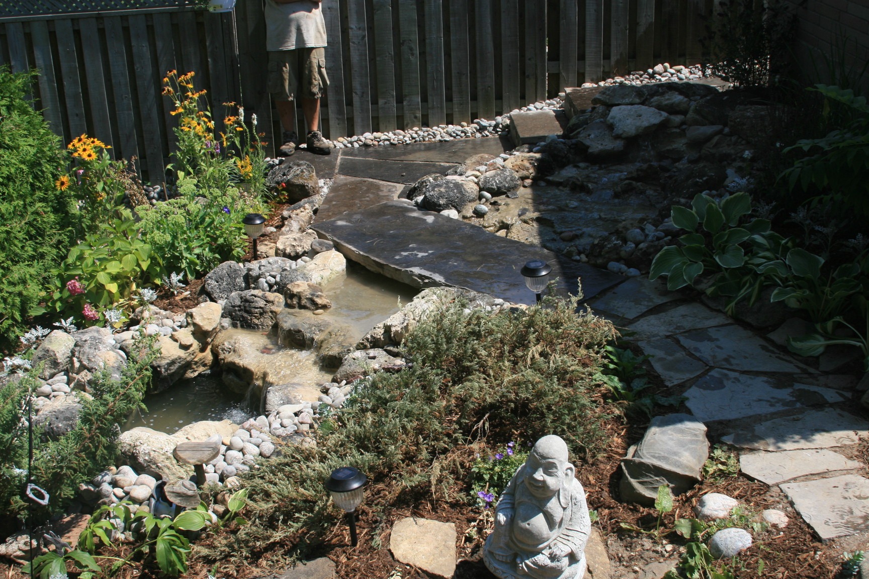 A person stands near a garden with a pond, stone path, and a small sculpture, surrounded by various plants and flowers.