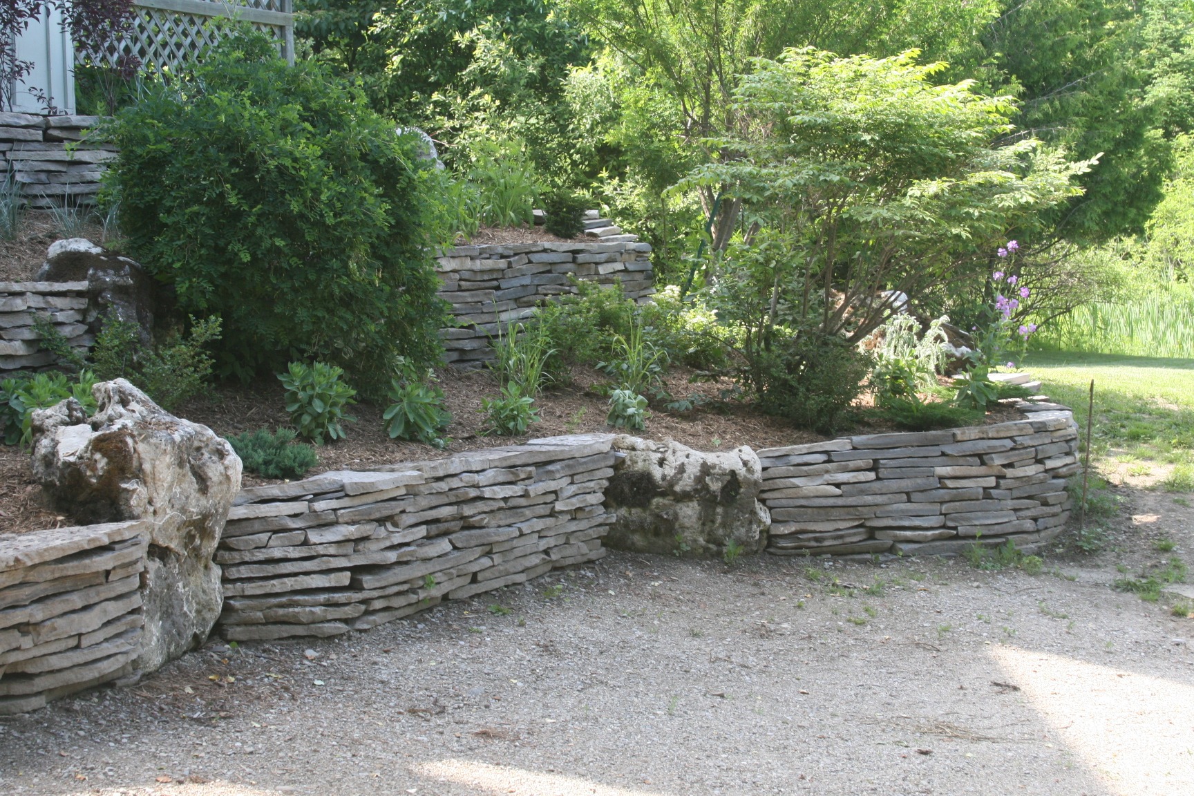 Terraced garden with stone walls and lush greenery, including bushes and small trees, on a sunny day. No people or buildings visible.