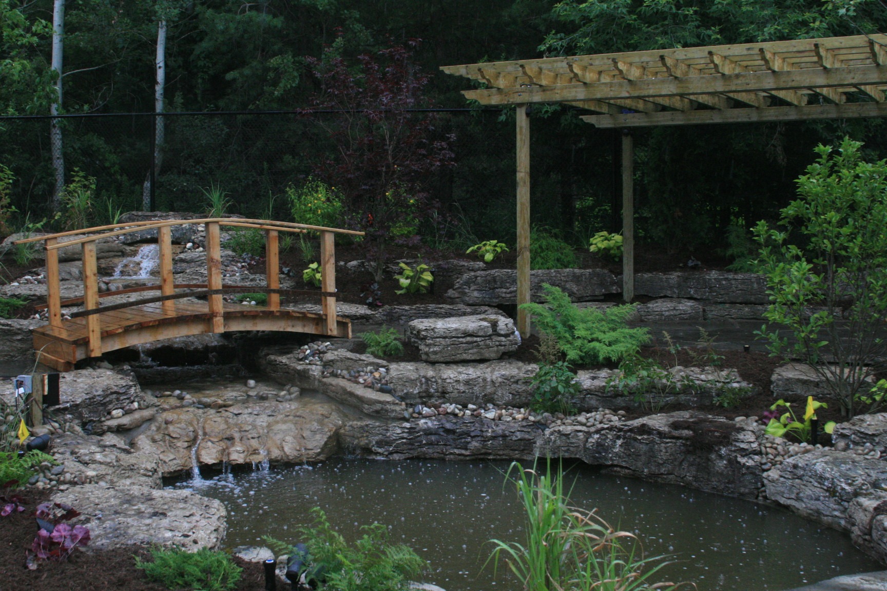 A serene garden features a small wooden bridge over a pond, surrounded by rocks, plants, and a pergola, set against lush greenery.