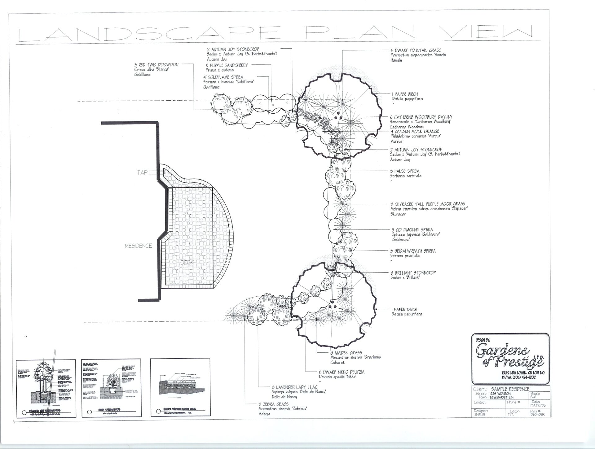 Landscape plan featuring tree and shrub placements around a residence. Includes plant labels, dimensions, and designs by Gardens of Prestige.