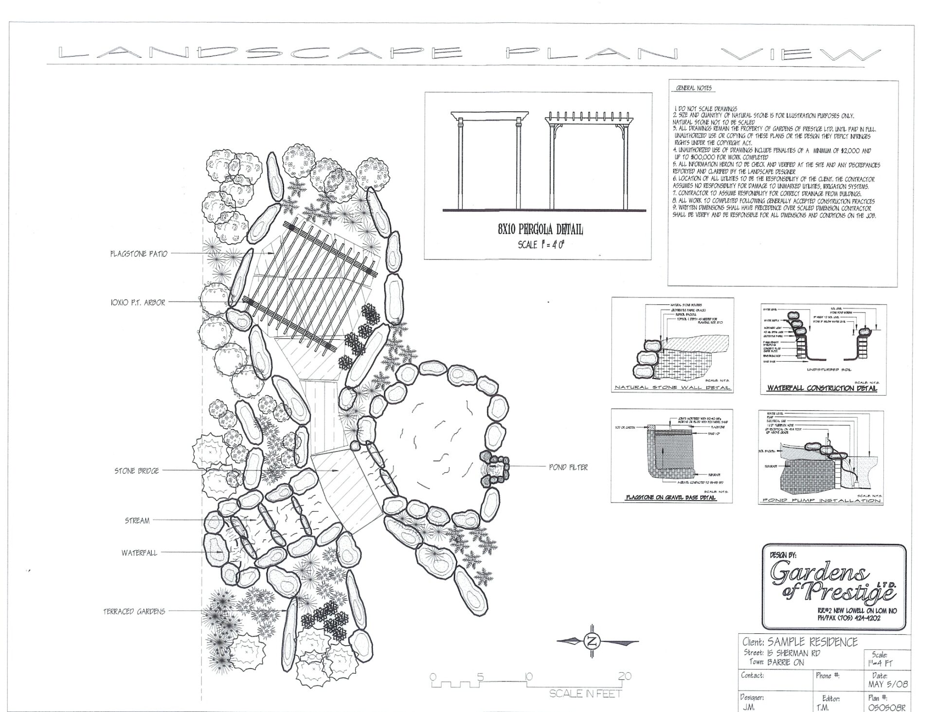 Landscape plan view depicting a garden layout with pathways, patio, trellis, and various plant arrangements. Includes construction details and scale notes.