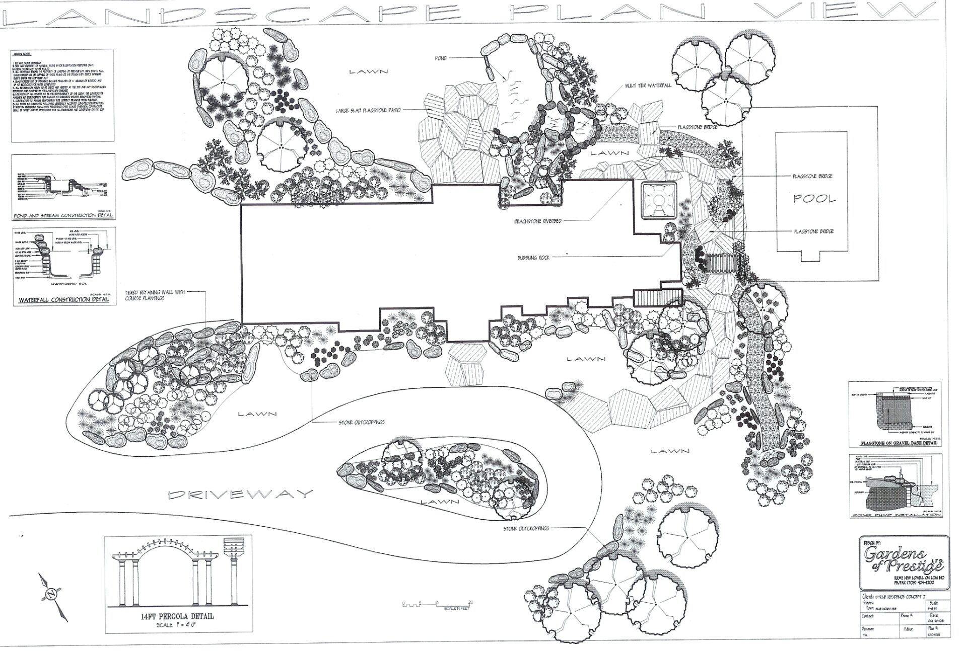 Architectural landscape plan featuring a building, pool, driveways, lawns, and garden areas. Includes detailed plantings and elevation drawings.