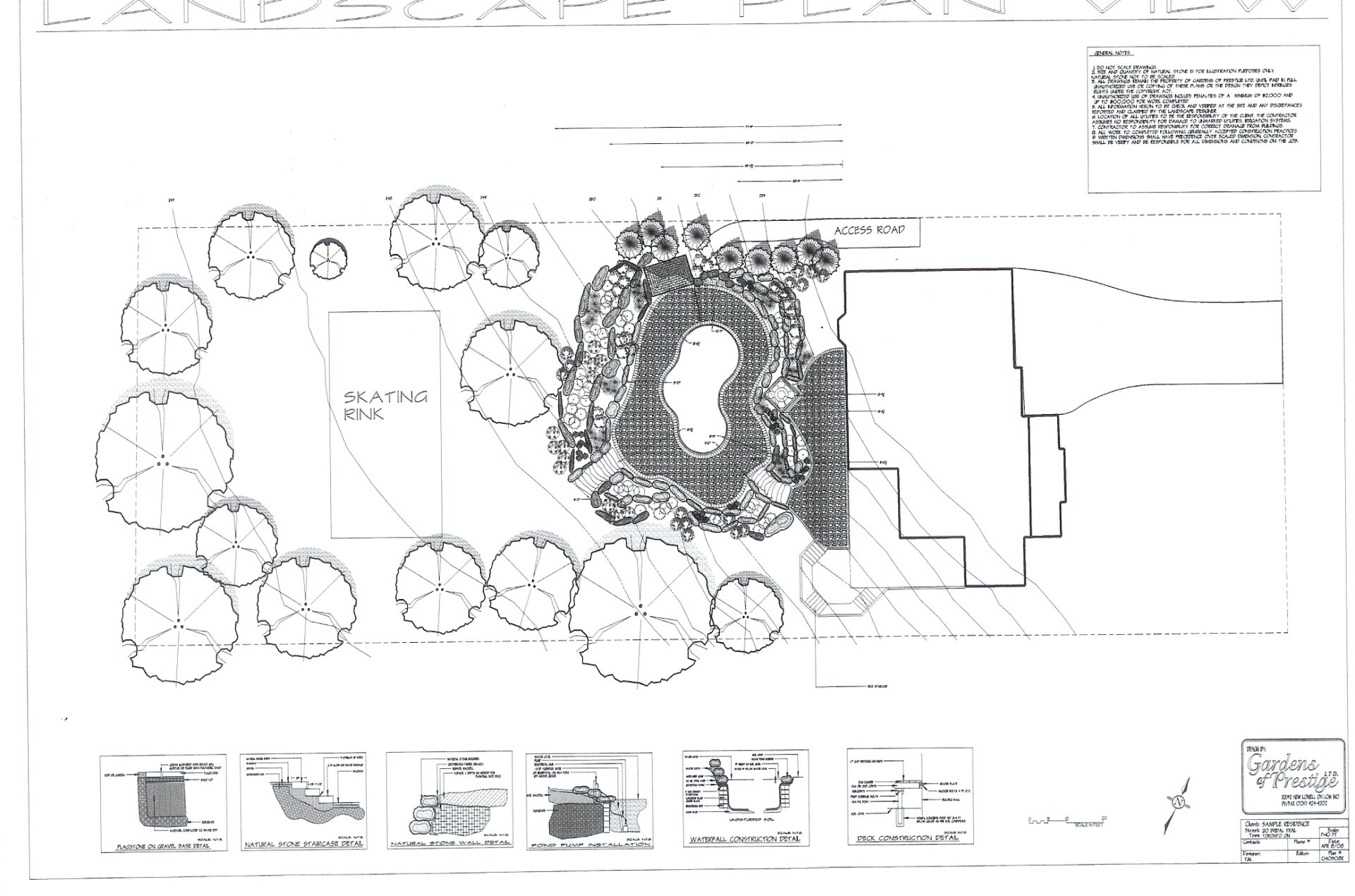 Landscape architectural plan featuring a skating rink, surrounding trees, and pool. Includes design details and small schematics at the bottom.