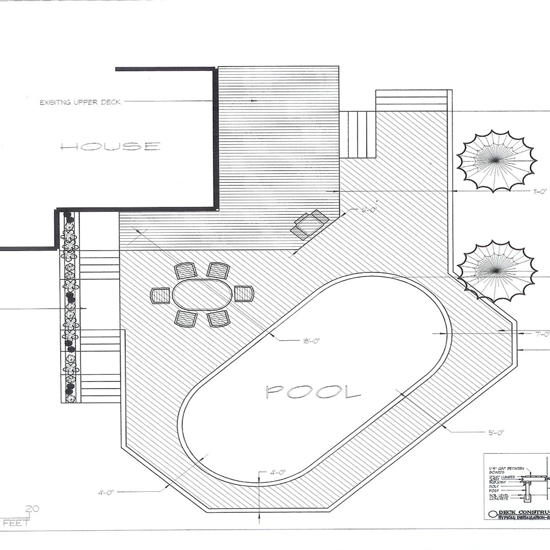 Architectural blueprint of a house's exterior features an upper deck, oval pool, dining area, and landscaping details with measurements and instructions.