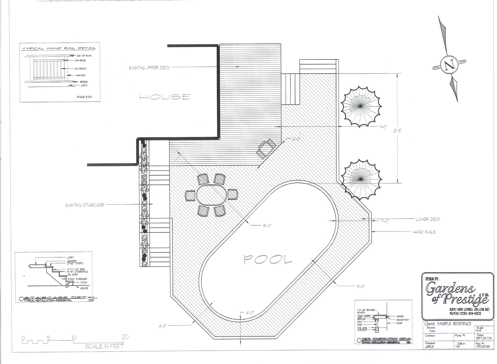 Architectural blueprint shows a house deck, dining area, pool, and landscaping. Includes compass, measurements, and design details by 