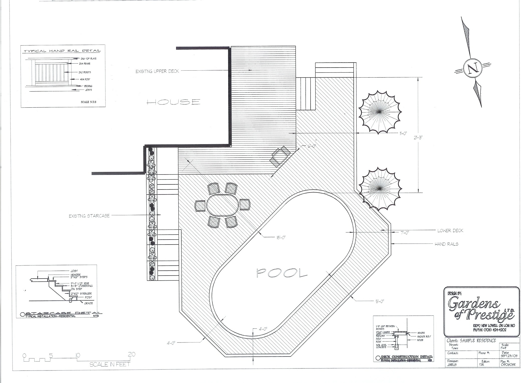 Architectural blueprint shows a house deck, dining area, pool, and landscaping. Includes compass, measurements, and design details by "Gardens of Prestige."