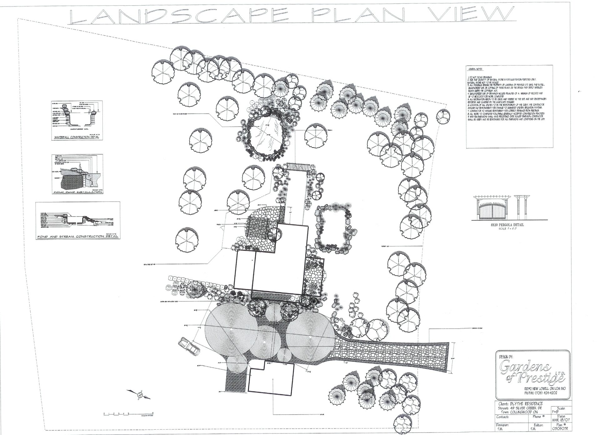 Landscape plan view includes trees, pathways, and structures. Detailed design shows placement and layout for garden development, labeled 