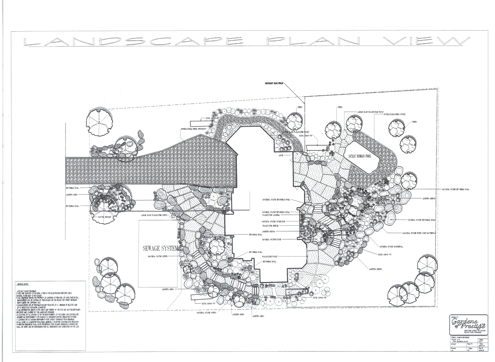 Detailed landscape plan view featuring pathways, vegetation, and a sprinkler system design. Includes labeled sections and a legend for reference.