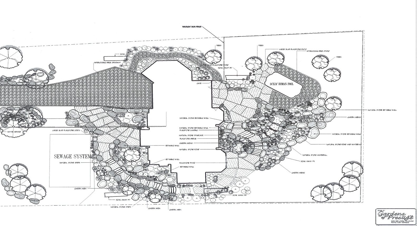 Landscape plan view shows a detailed garden layout with pathways, trees, and shrubs. Includes notes and measurements, illustrating landscape design elements.