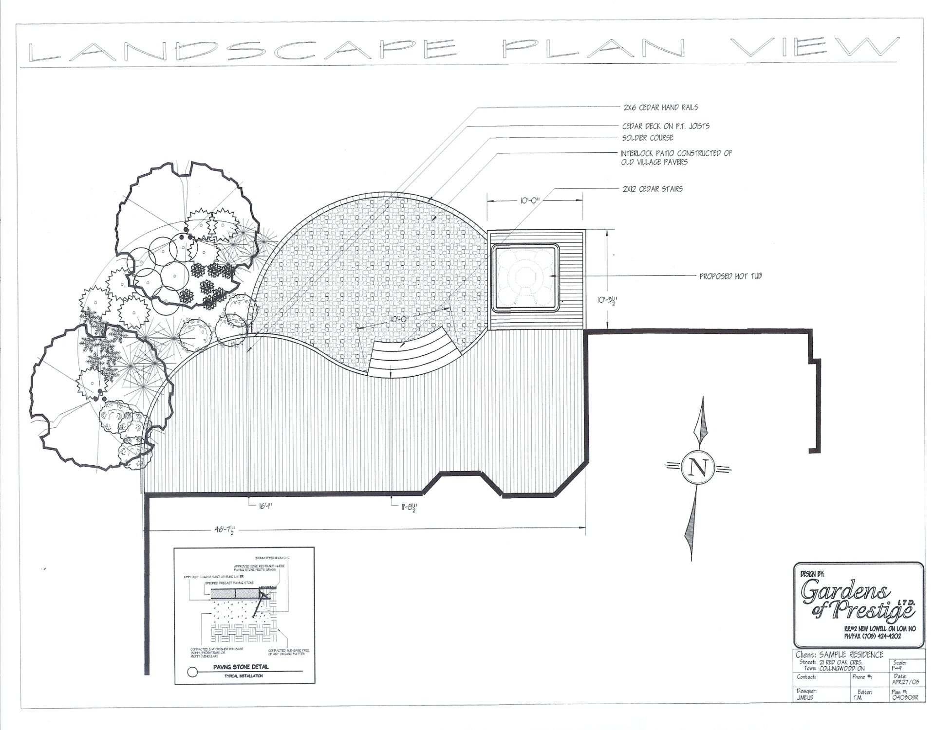 Landscape architectural plan featuring circular patio, seating area, and labeled plantings. Title block reads 