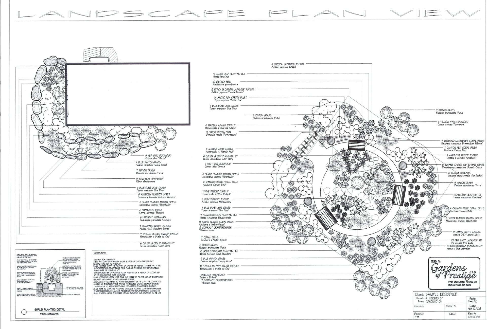 Landscape plan featuring garden layout, plant selections, and seating areas. Includes detailed labels for various elements. No recognizable landmarks or historical buildings.