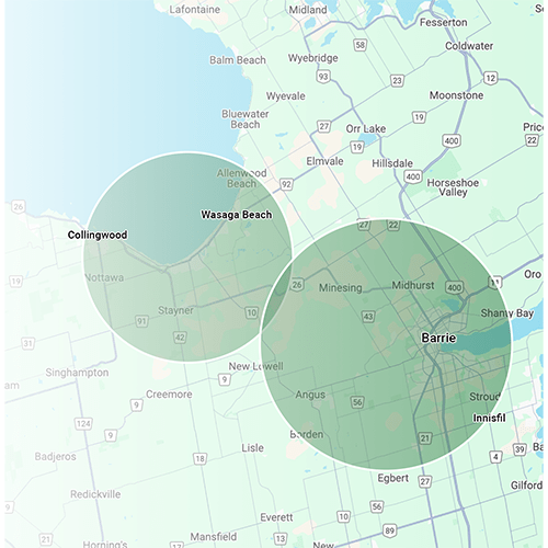 Map displaying Ontario region, highlighting Collingwood, Wasaga Beach, and Barrie. Major roads and nearby towns are labeled for reference.