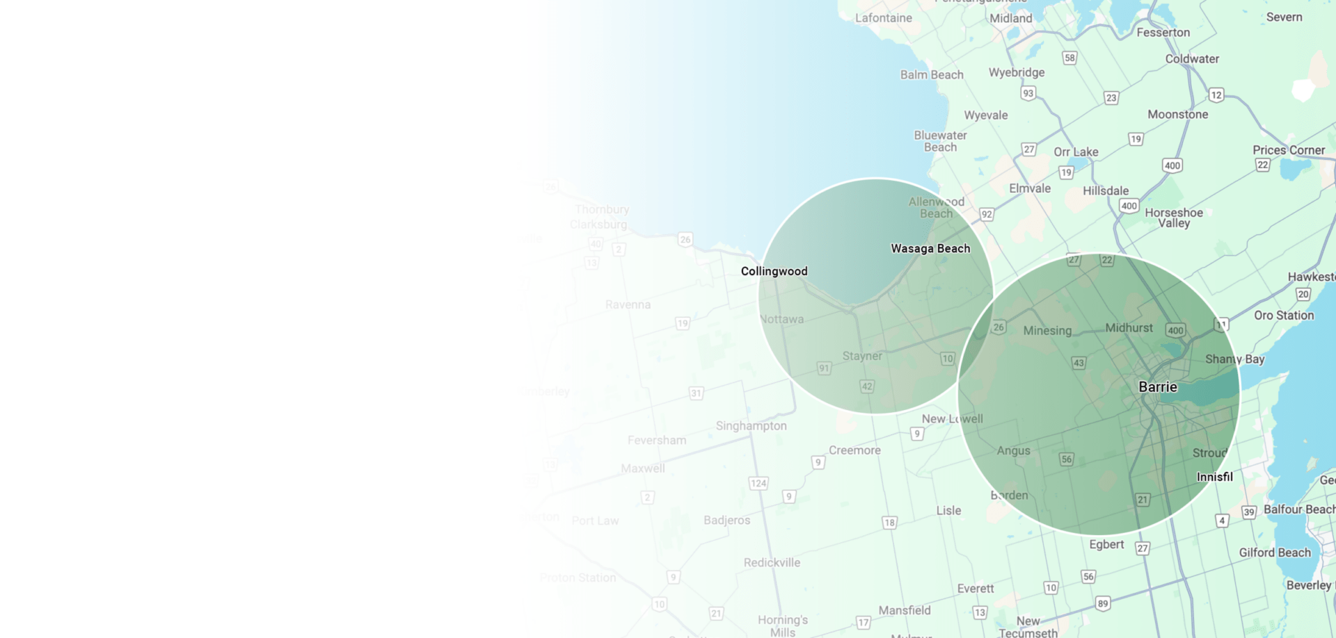 Map highlighting areas near Collingwood, Angus East, and Barrie. Displays roads, cities, and surrounding regions with shaded circles indicating specific zones.