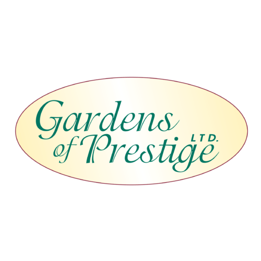 Oval logo on black background, featuring the text "Gardens of Prestige LTD" in green, elegant script. Simple and professional design emphasizing gardening services.