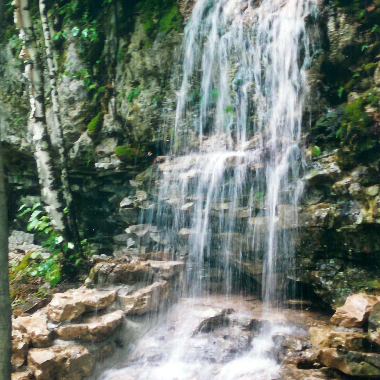 A small, serene waterfall cascades over rocky terrain surrounded by lush greenery in a tranquil forest setting.