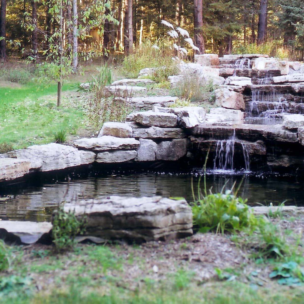 A small waterfall flows into a stone-lined pond surrounded by lush greenery and trees in a serene forest setting.